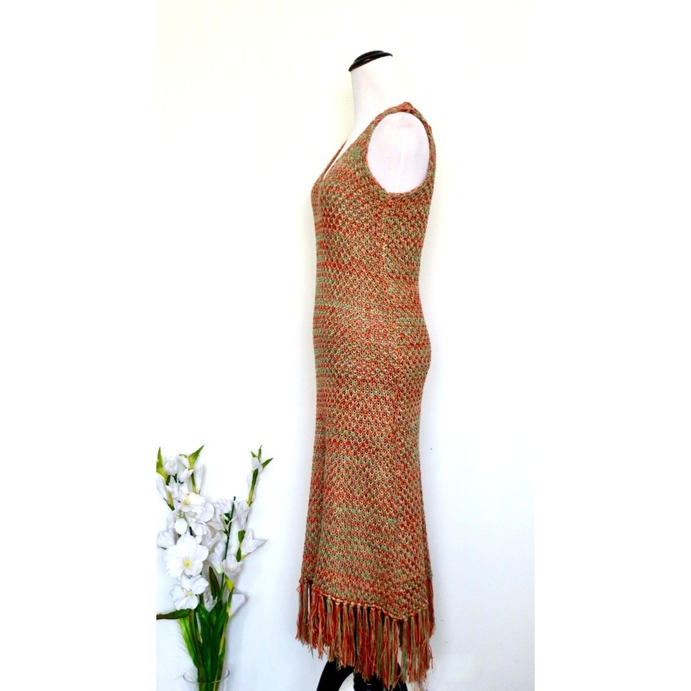 NEW! Crochet Knit Midi Dress Fringe Hem Sleeveless Bohemian Orange Green SZ S - Picture 7 of 11